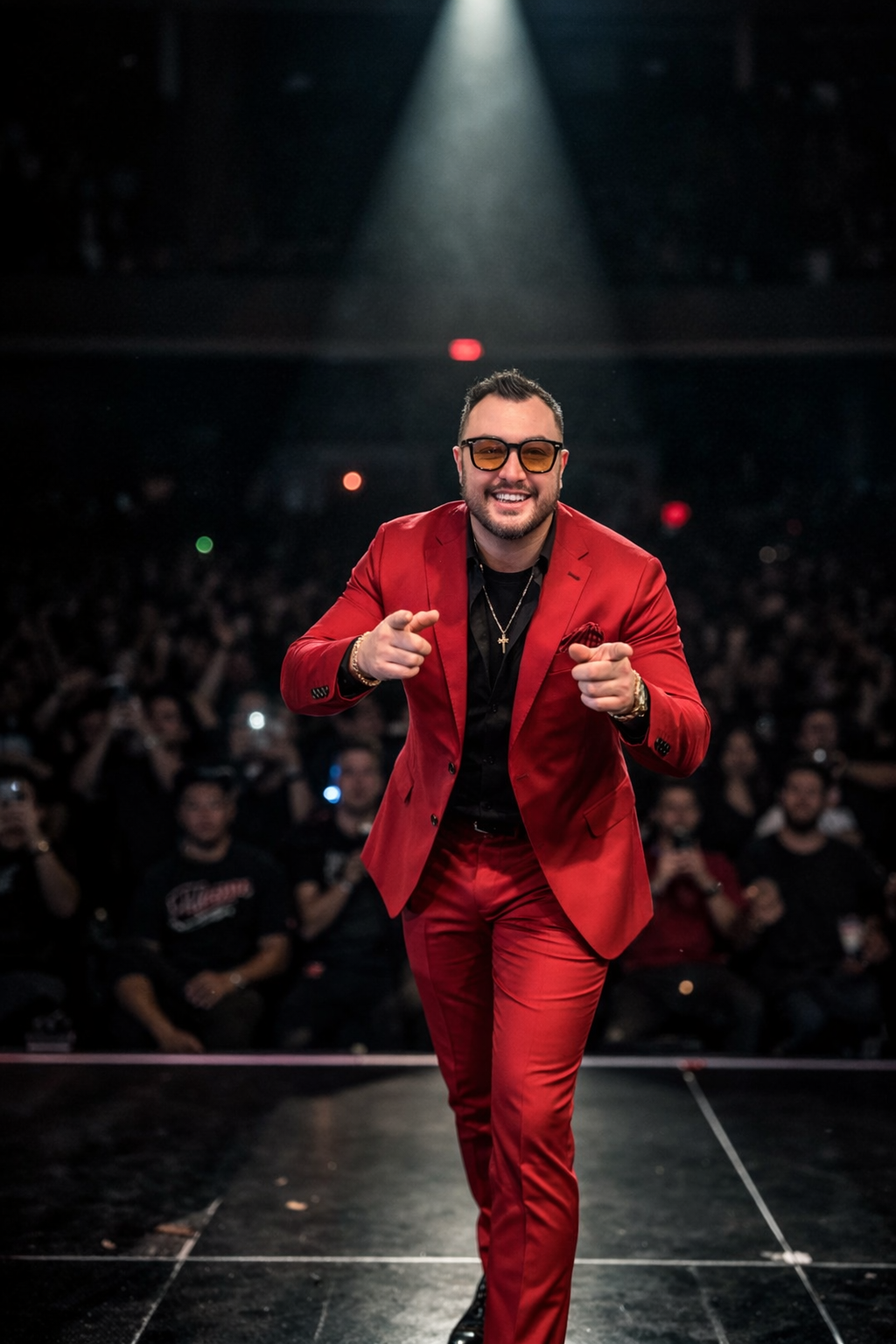 Antonio Hondo Parente on stage in a red suit